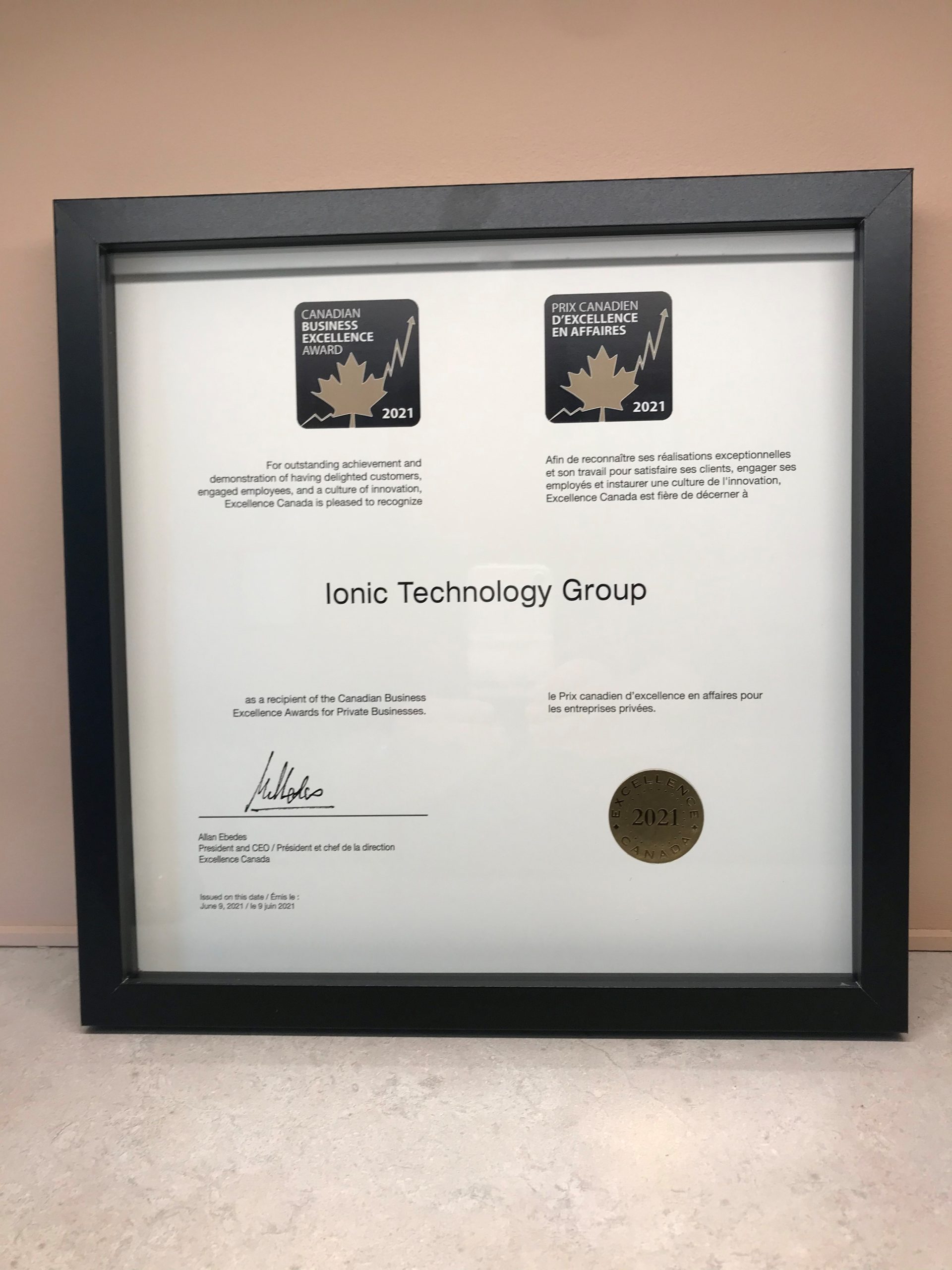 Ionic Technology Group Wins Canadian Business Excellence Award